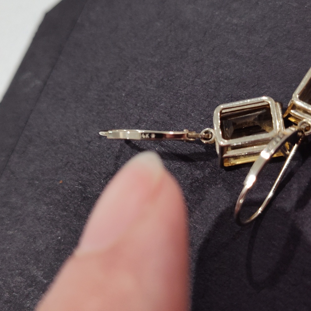 14k White Gold Emerald Cut Citrine Leverback Earrings - Picture 7 of 15